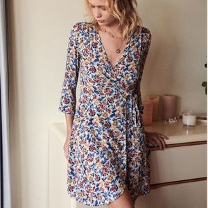 Sezane Elsa dress in red ochre blue floral print